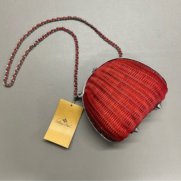 Patricia Nash Purse Spring Red Wicker Melfi Clam Lock Papaya Chain Strap Bag NWT - Picture 2 of 7